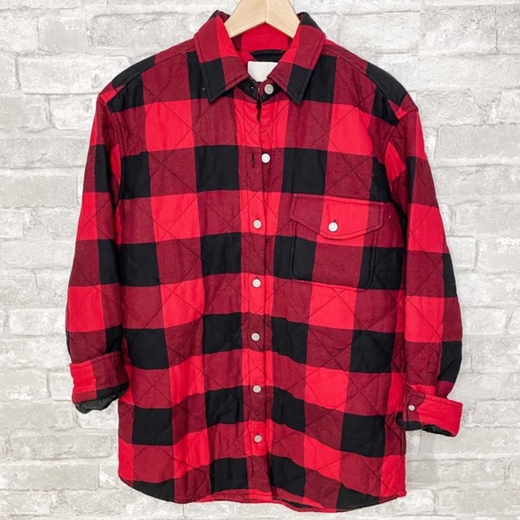 Wilfred buffalo plaid red black shacket checkered button down quilted jacket - Picture 1 of 9